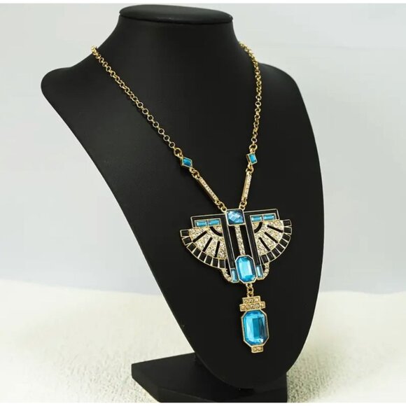 Art Deco Style Gold Chain Blue Crystal Statement Necklace - Picture 3 of 4